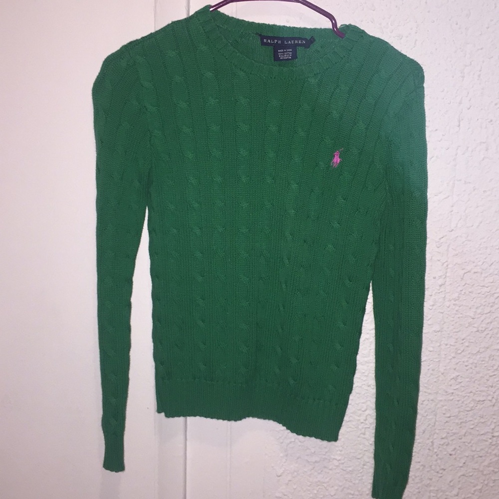 Ralph Lauren green sweater with pink emblem.